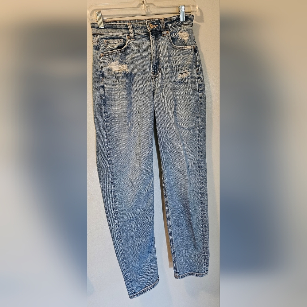 American Eagle Mom Straight‎ Jean Stretch Blue Distressed Women's Size 0